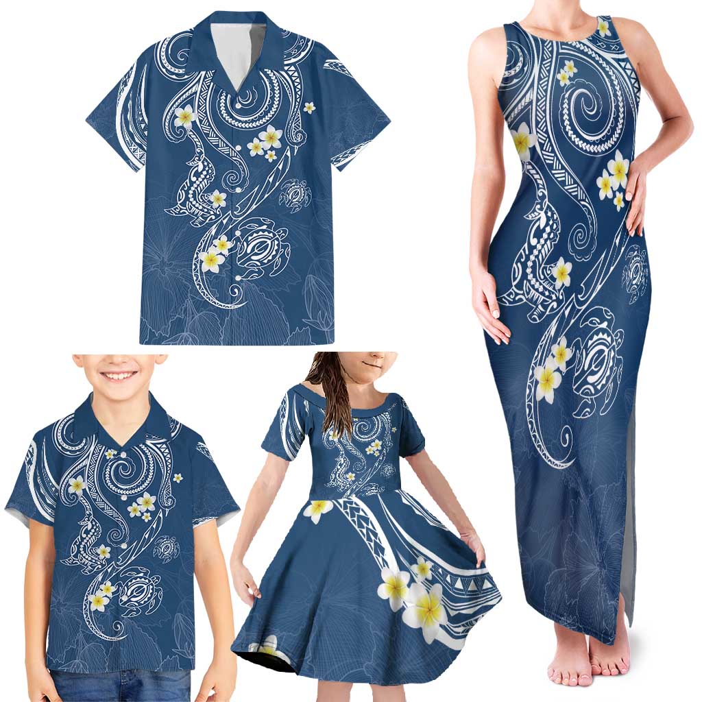 Polynesia Tribal Family Matching Tank Maxi Dress and Hawaiian Shirt Deep Blue Plumeria Tentacles