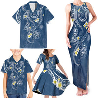 Polynesia Tribal Family Matching Tank Maxi Dress and Hawaiian Shirt Deep Blue Plumeria Tentacles