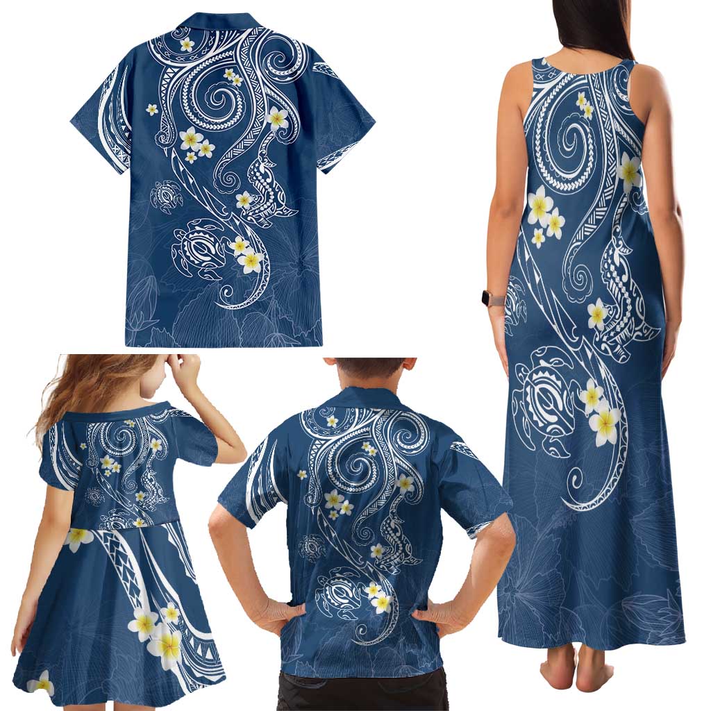 Polynesia Tribal Family Matching Tank Maxi Dress and Hawaiian Shirt Deep Blue Plumeria Tentacles