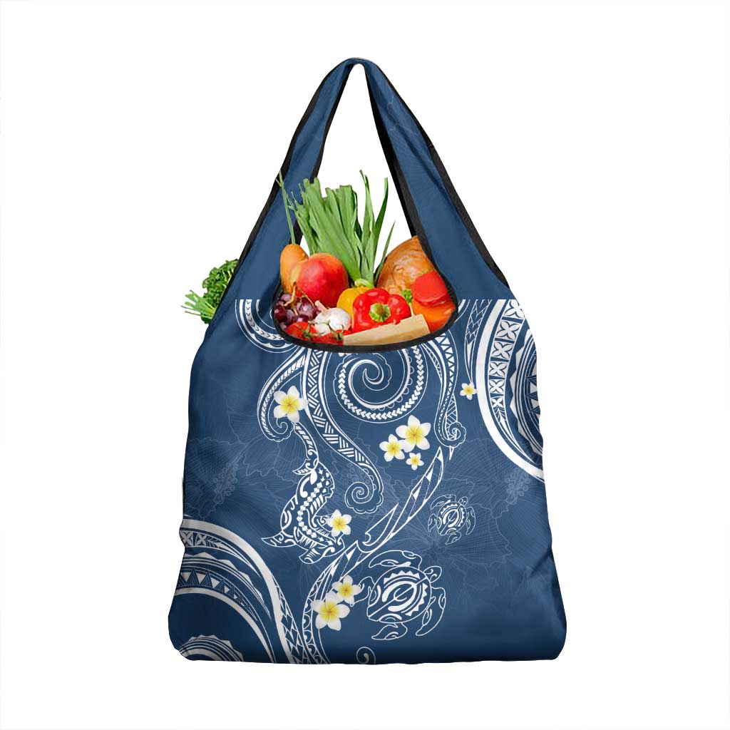 Polynesia Tribal Grocery Bag Deep Blue Plumeria Tentacles
