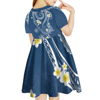 Polynesia Tribal Kid Short Sleeve Dress Deep Blue Plumeria Tentacles