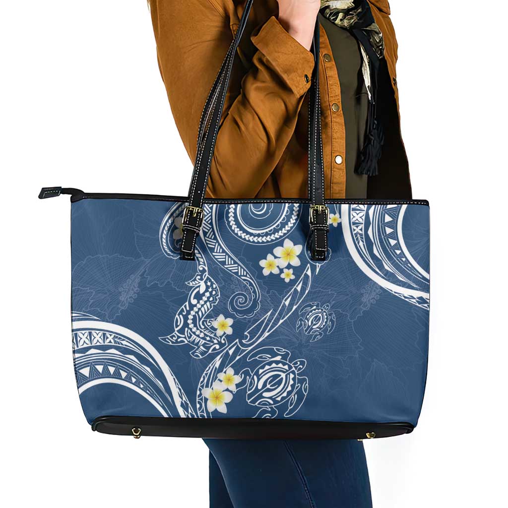 Polynesia Tribal Leather Tote Bag Deep Blue Plumeria Tentacles