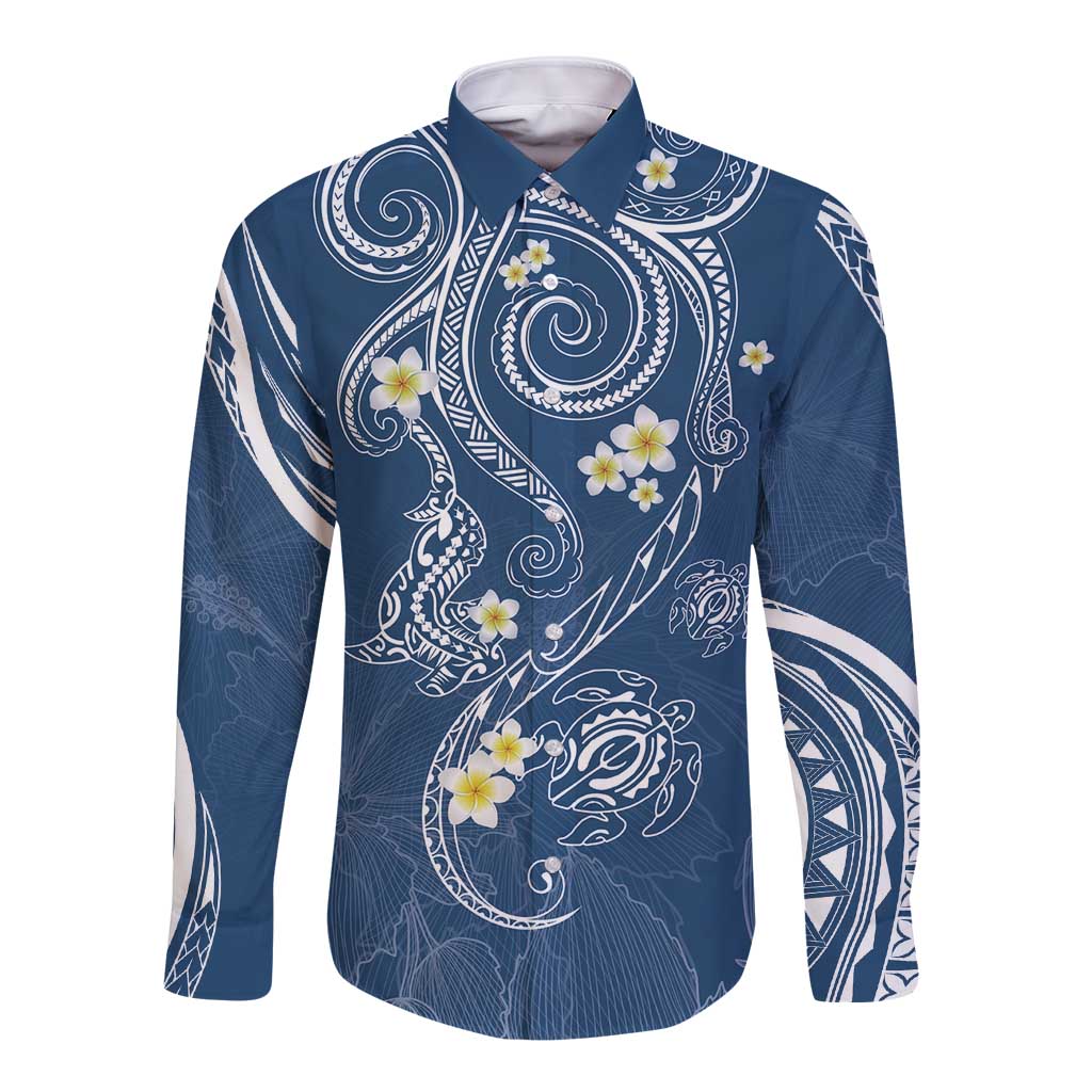 Polynesia Tribal Long Sleeve Button Shirt Deep Blue Plumeria Tentacles LT7 Unisex Blue - Polynesian Pride