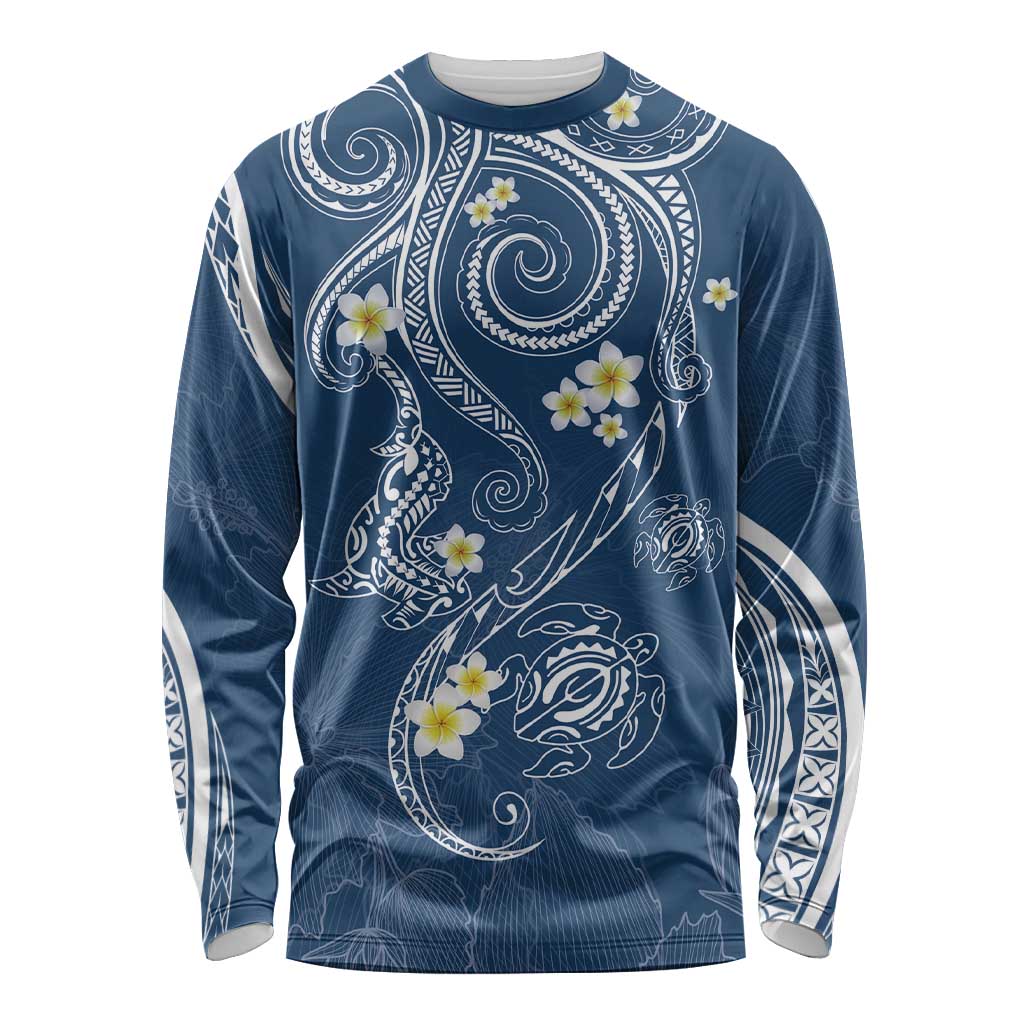 Polynesia Tribal Long Sleeve Shirt Deep Blue Plumeria Tentacles