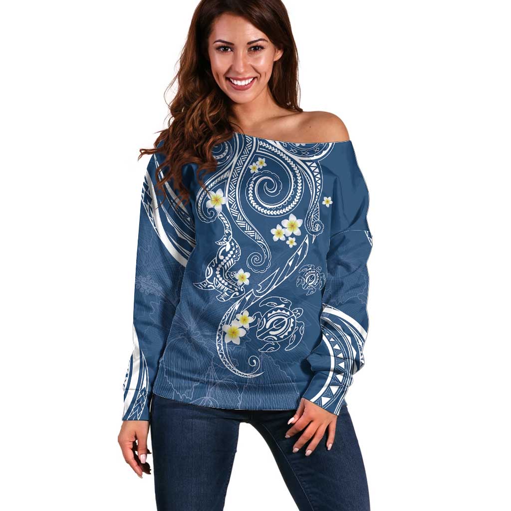Polynesia Tribal Off Shoulder Sweater Deep Blue Plumeria Tentacles