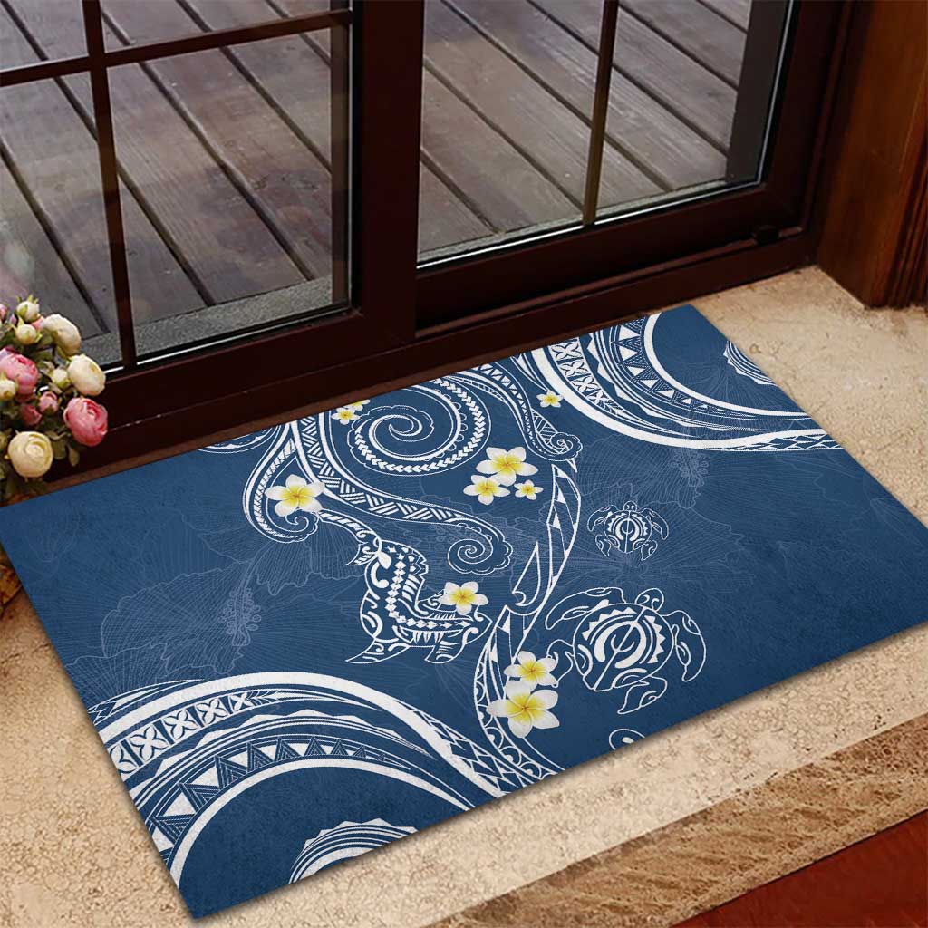 Polynesia Tribal Rubber Doormat Deep Blue Plumeria Tentacles