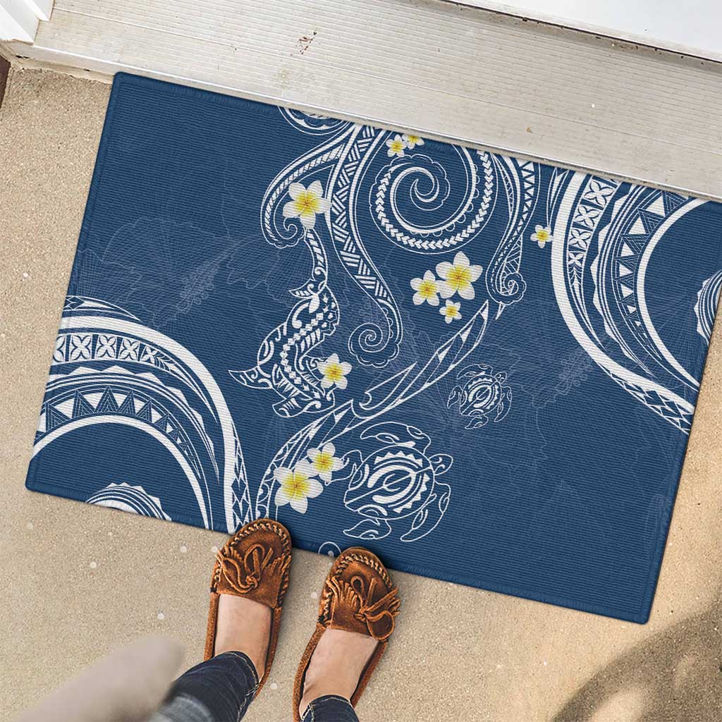 Polynesia Tribal Rubber Doormat Deep Blue Plumeria Tentacles