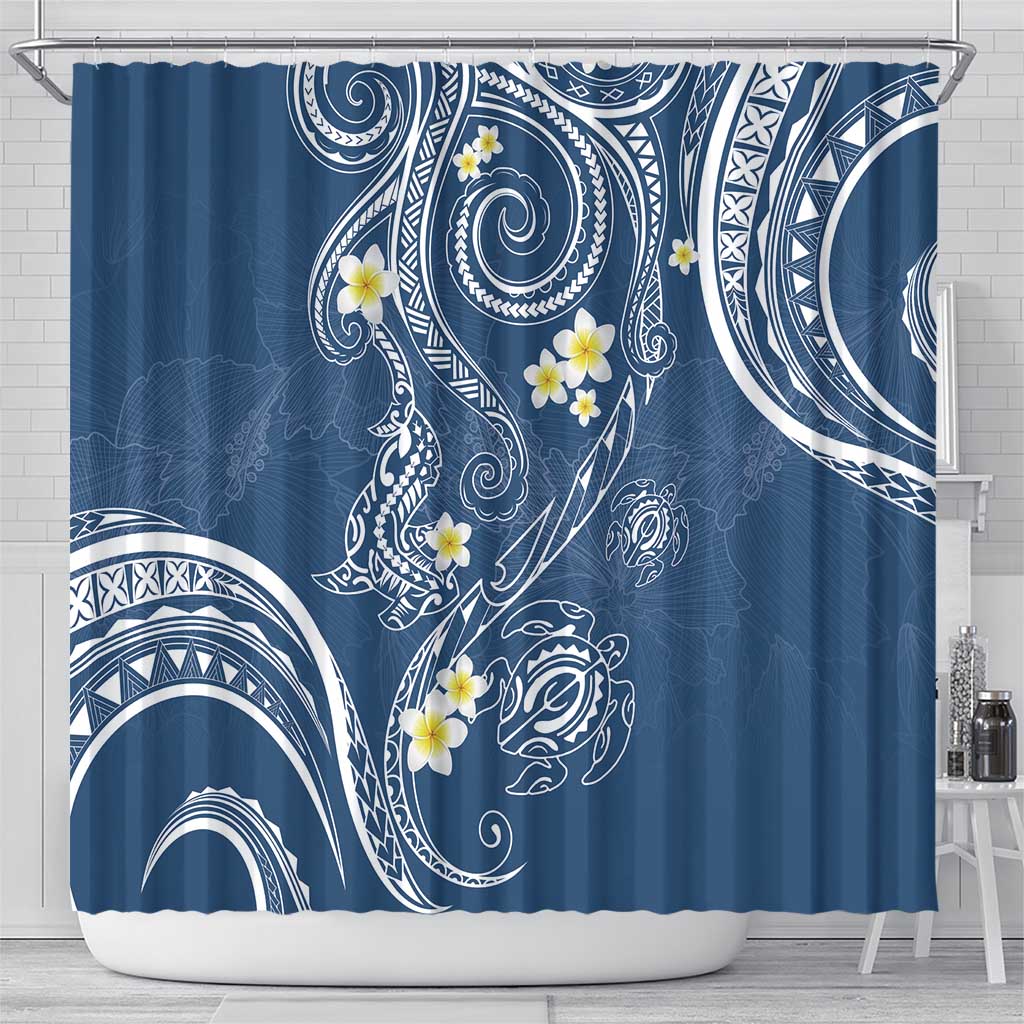 Polynesia Tribal Shower Curtain Deep Blue Plumeria Tentacles