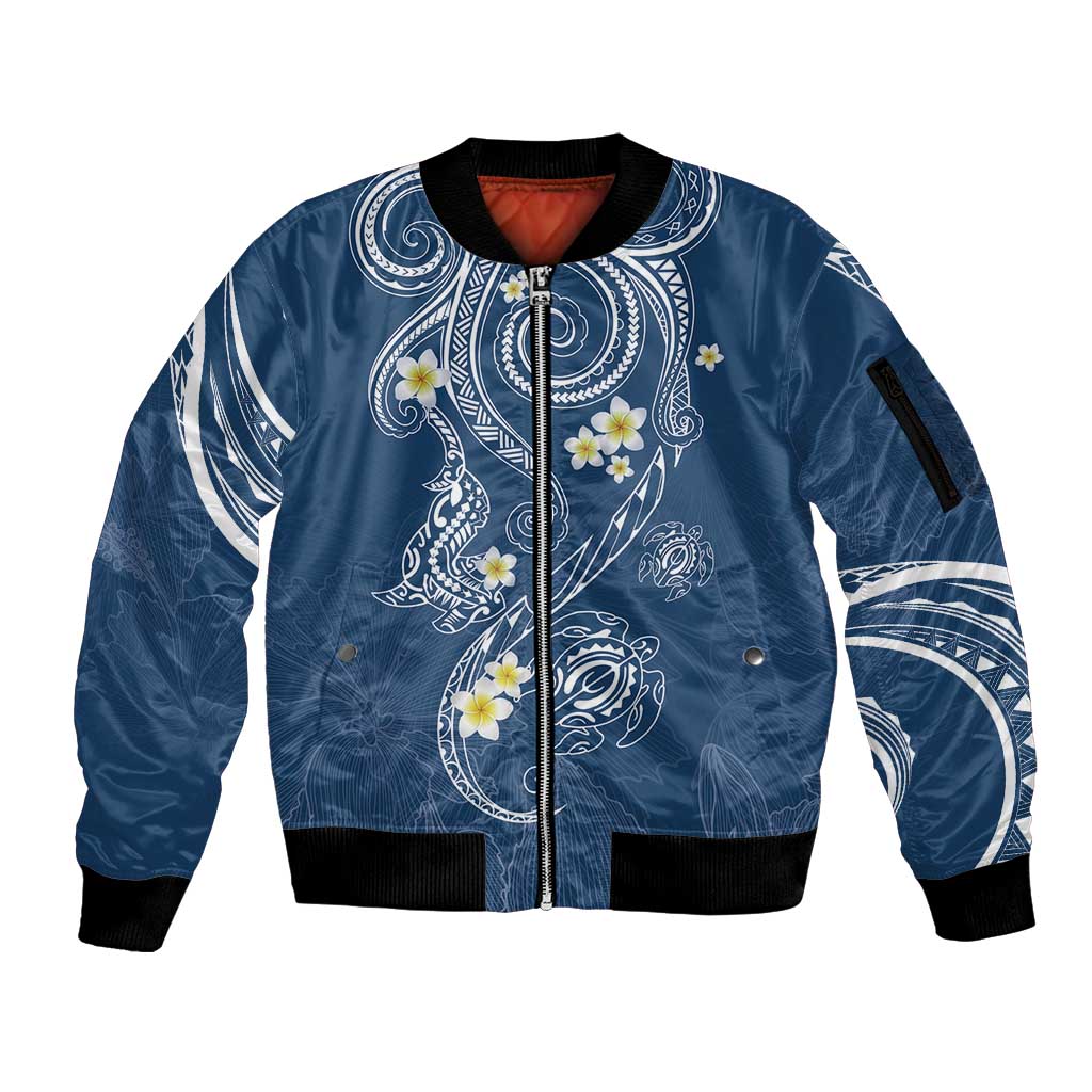 Polynesia Tribal Sleeve Zip Bomber Jacket Deep Blue Plumeria Tentacles