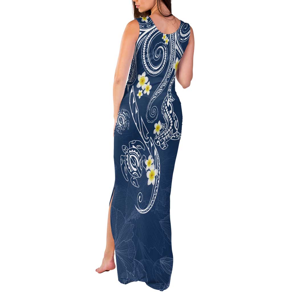 Polynesia Tribal Tank Maxi Dress Deep Blue Plumeria Tentacles