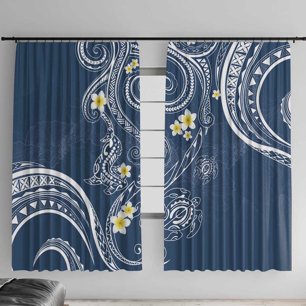 Polynesia Tribal Window Curtain Deep Blue Plumeria Tentacles