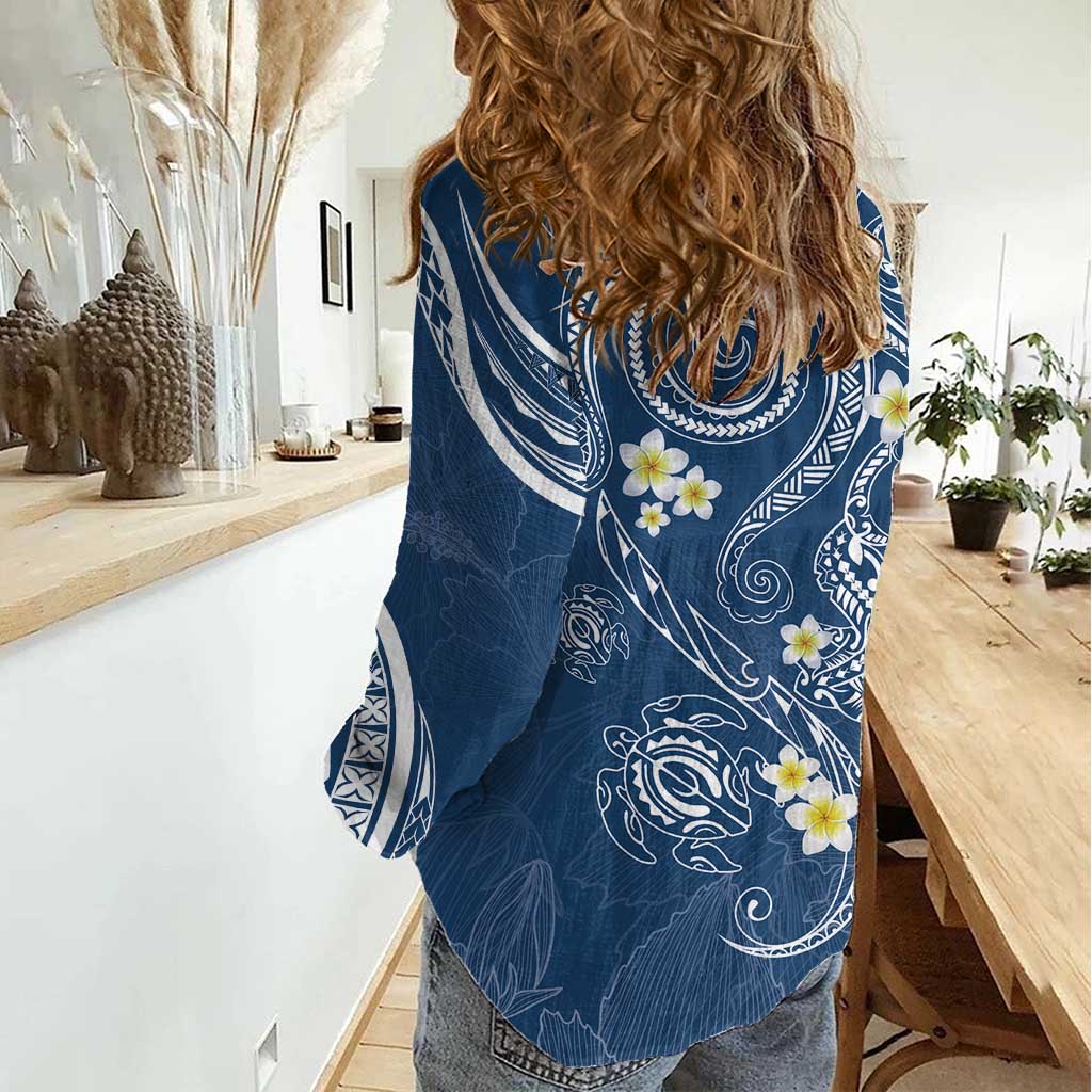 Polynesia Tribal Women Casual Shirt Deep Blue Plumeria Tentacles