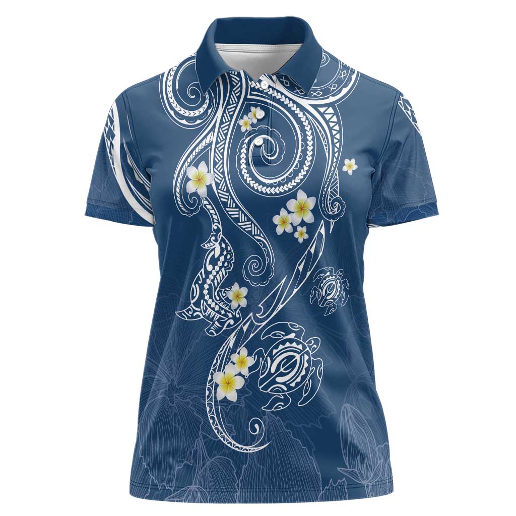 Polynesia Tribal Women Polo Shirt Deep Blue Plumeria Tentacles