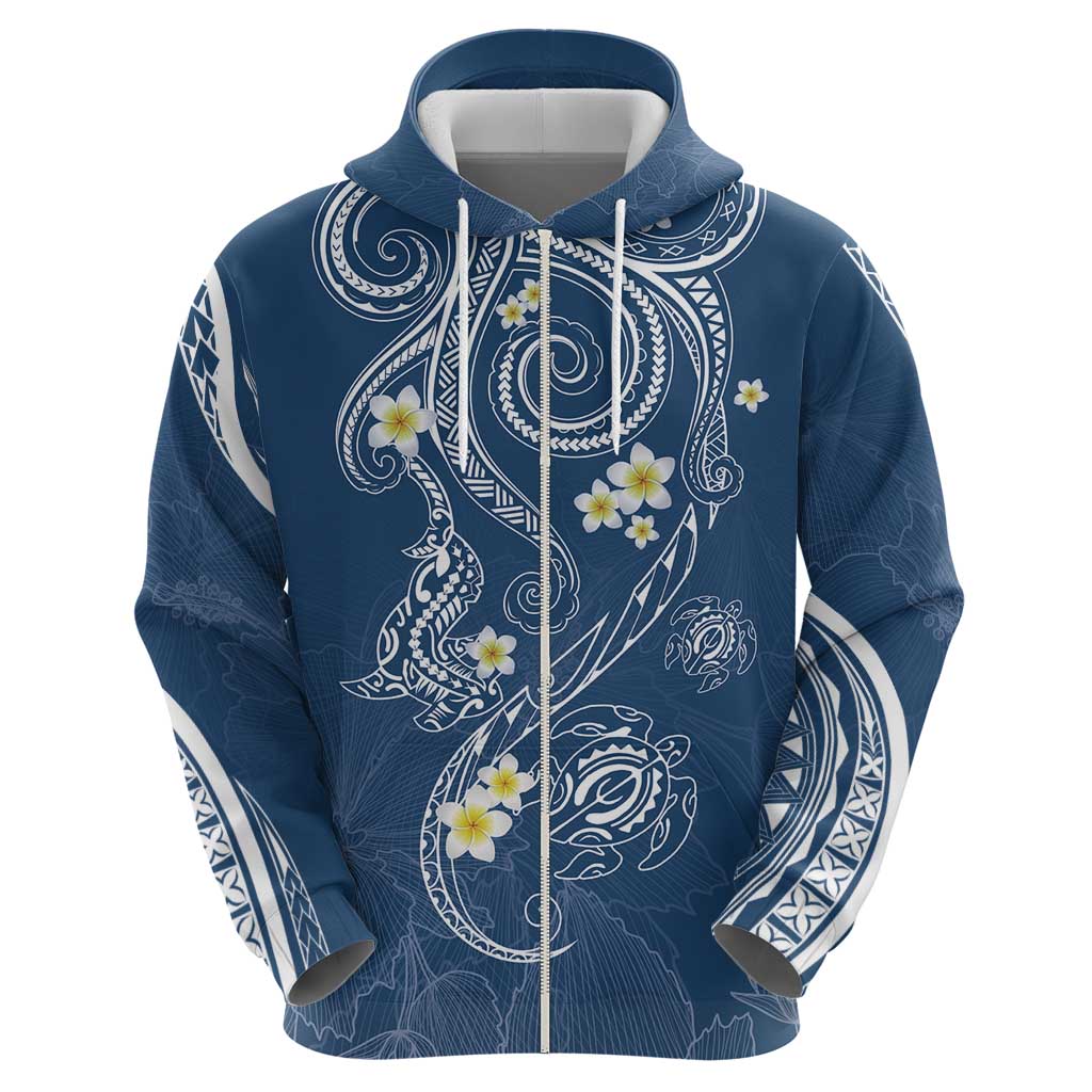 Polynesia Tribal Zip Hoodie Deep Blue Plumeria Tentacles