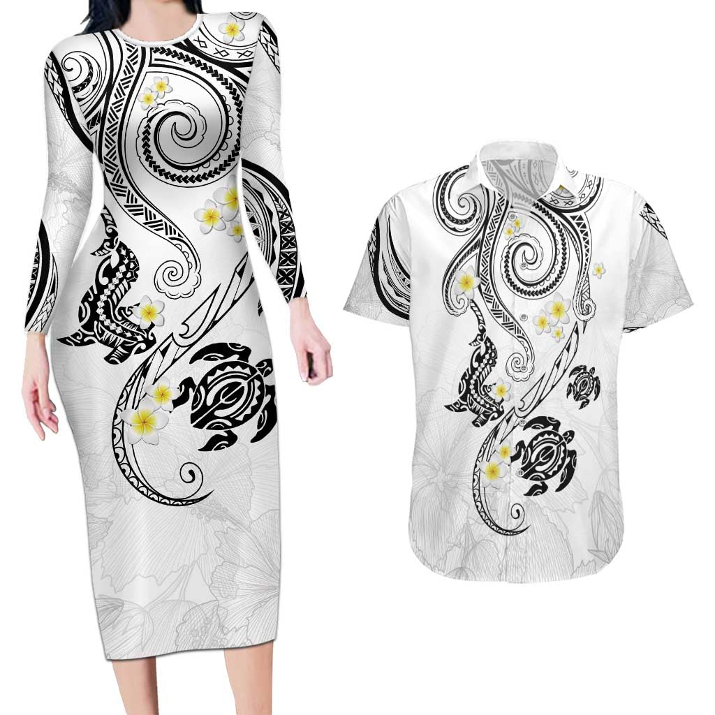 Polynesia Tribal Couples Matching Long Sleeve Bodycon Dress and Hawaiian Shirt White Plumeria Tentacles
