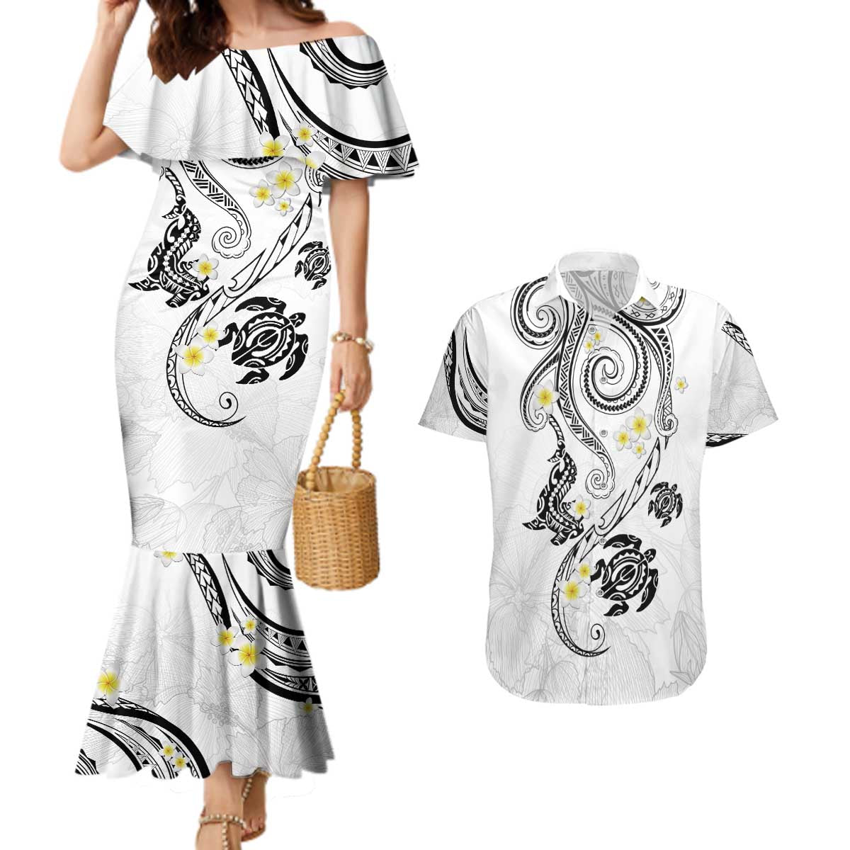 Polynesia Tribal Couples Matching Mermaid Dress and Hawaiian Shirt White Plumeria Tentacles