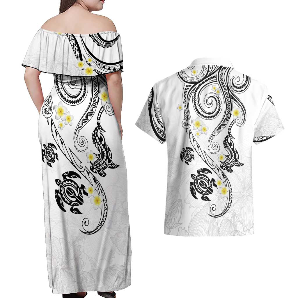 Polynesia Tribal Couples Matching Off Shoulder Maxi Dress and Hawaiian Shirt White Plumeria Tentacles