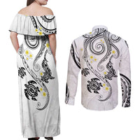 Polynesia Tribal Couples Matching Off Shoulder Maxi Dress and Long Sleeve Button Shirt White Plumeria Tentacles LT7 - Polynesian Pride