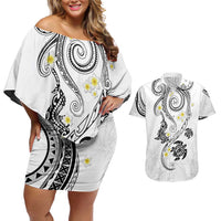 Polynesia Tribal Couples Matching Off Shoulder Short Dress and Hawaiian Shirt White Plumeria Tentacles