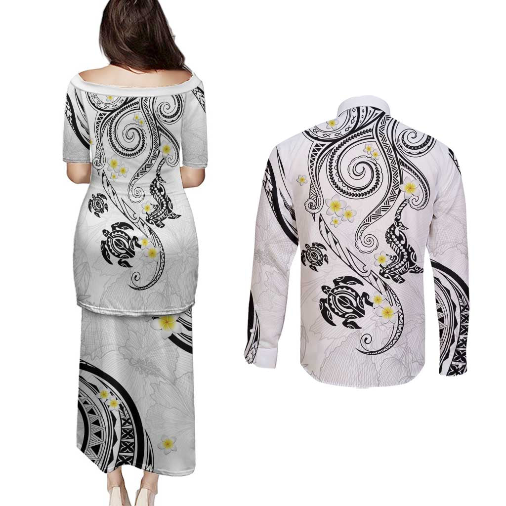 Polynesia Tribal Couples Matching Puletasi and Long Sleeve Button Shirt White Plumeria Tentacles LT7 - Polynesian Pride
