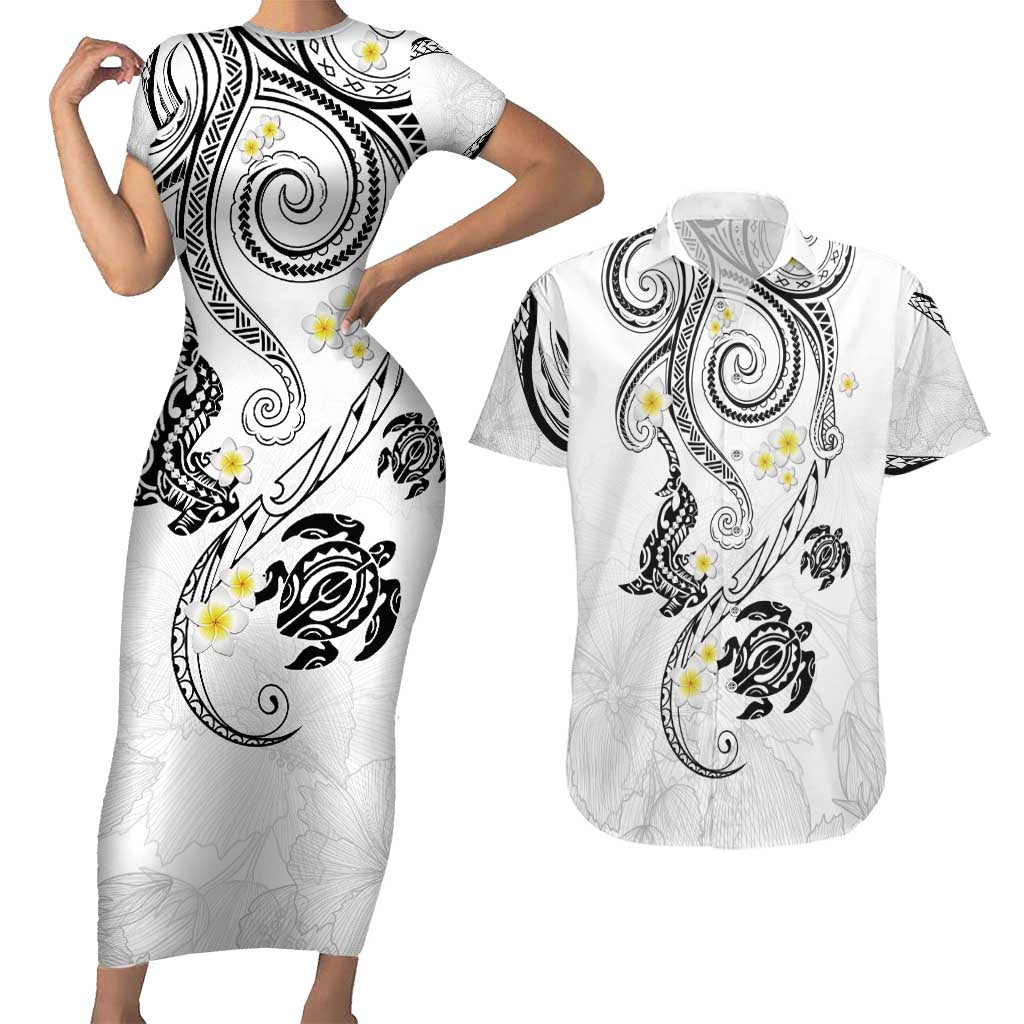 Polynesia Tribal Couples Matching Short Sleeve Bodycon Dress and Hawaiian Shirt White Plumeria Tentacles