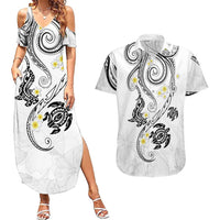 Polynesia Tribal Couples Matching Summer Maxi Dress and Hawaiian Shirt White Plumeria Tentacles