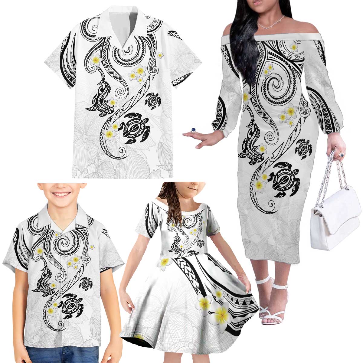 Polynesia Tribal Family Matching Off The Shoulder Long Sleeve Dress and Hawaiian Shirt White Plumeria Tentacles