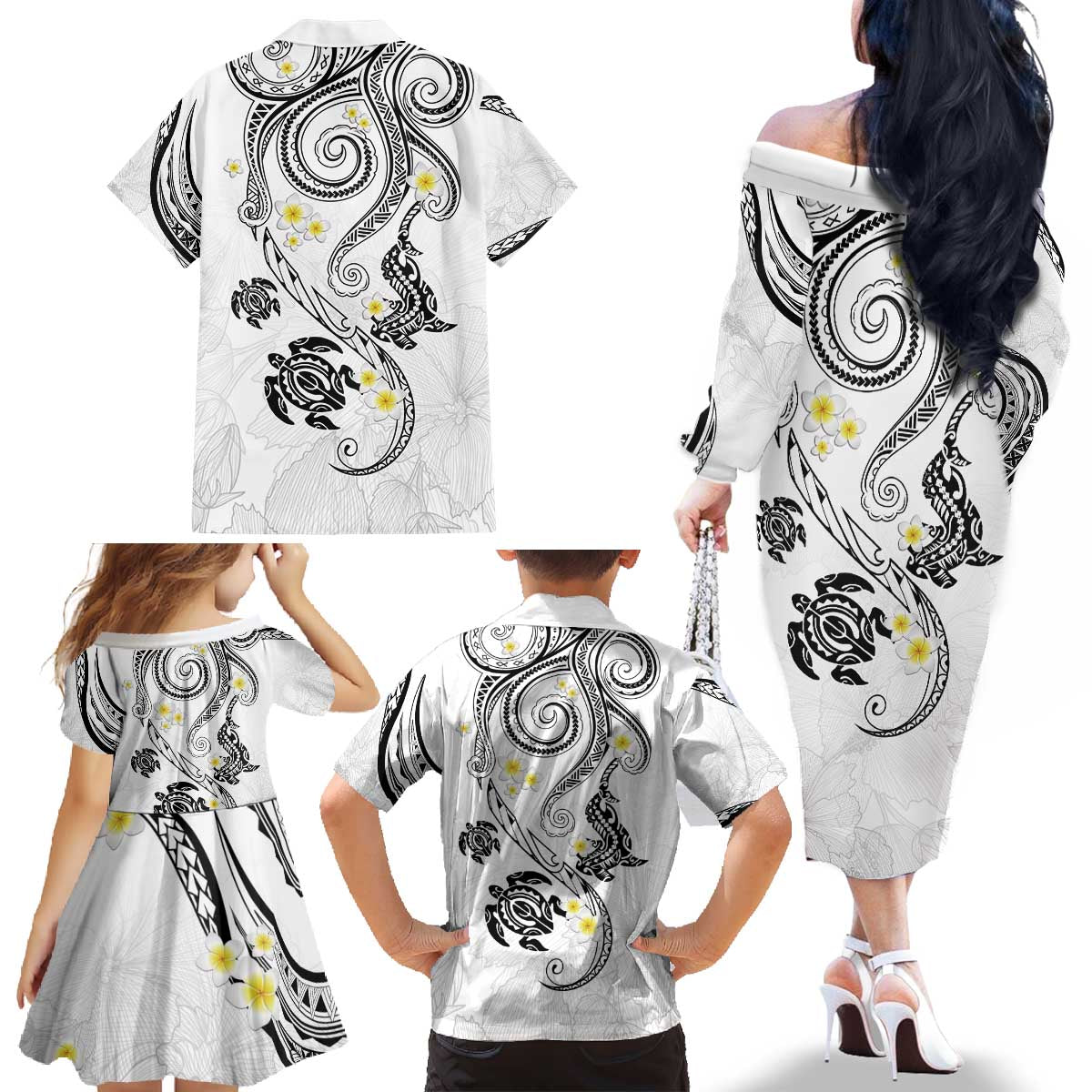 Polynesia Tribal Family Matching Off The Shoulder Long Sleeve Dress and Hawaiian Shirt White Plumeria Tentacles