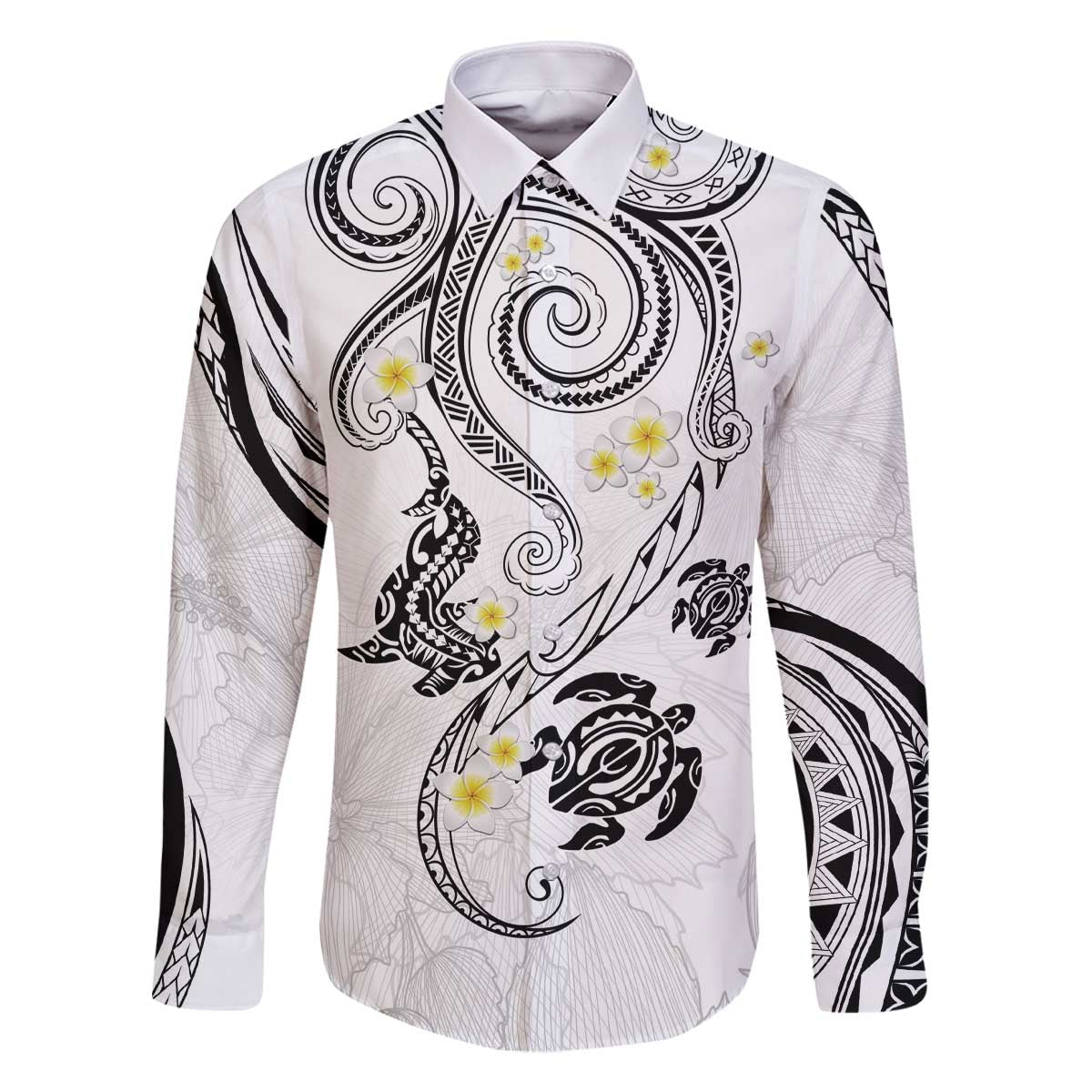 Polynesia Tribal Family Matching Off The Shoulder Long Sleeve Dress and Hawaiian Shirt White Plumeria Tentacles