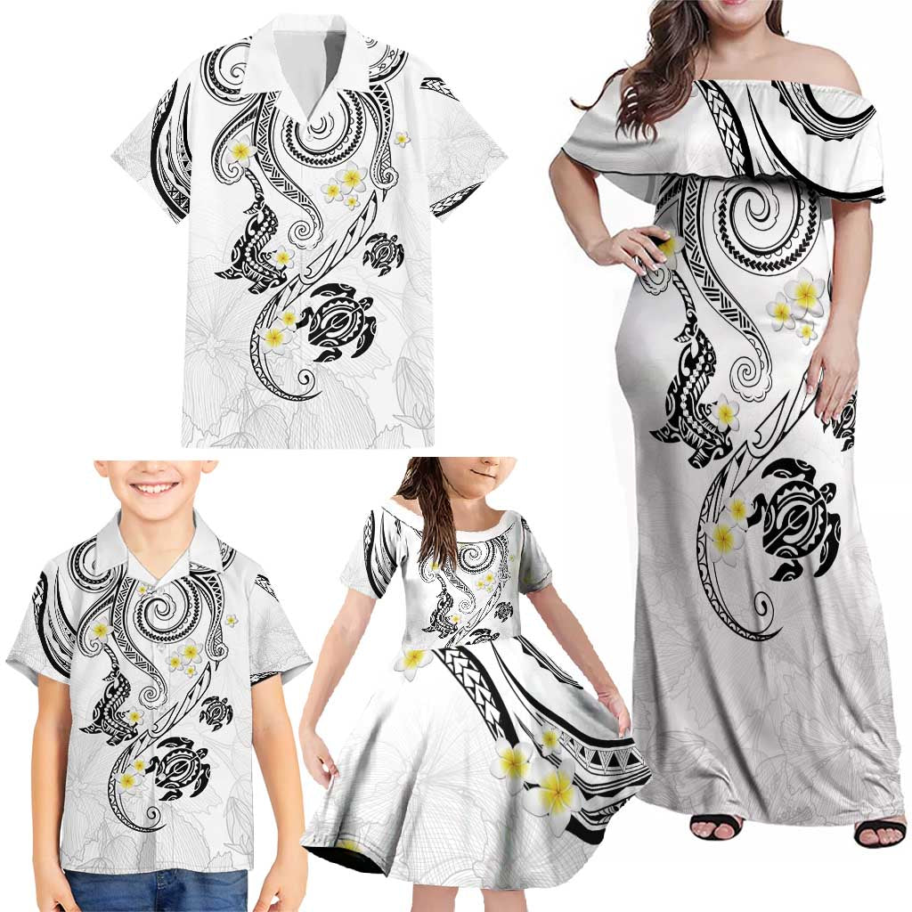 Polynesia Tribal Family Matching Off Shoulder Maxi Dress and Hawaiian Shirt White Plumeria Tentacles