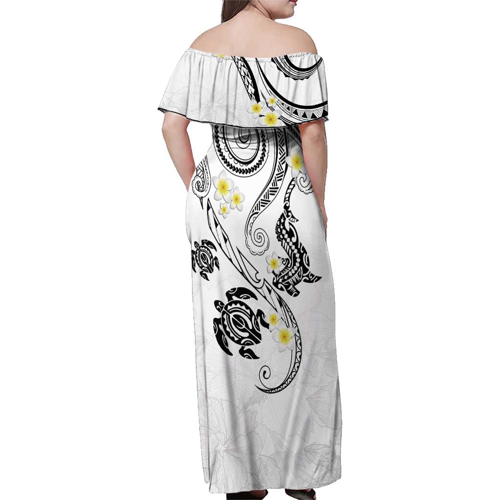 Polynesia Tribal Family Matching Off Shoulder Maxi Dress and Hawaiian Shirt White Plumeria Tentacles