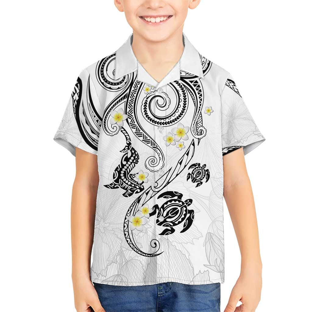 Polynesia Tribal Family Matching Off Shoulder Short Dress and Hawaiian Shirt White Plumeria Tentacles