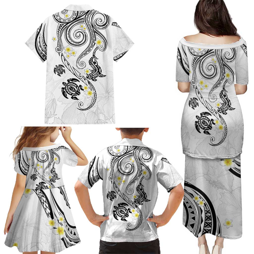 Polynesia Tribal Family Matching Puletasi and Hawaiian Shirt White Plumeria Tentacles