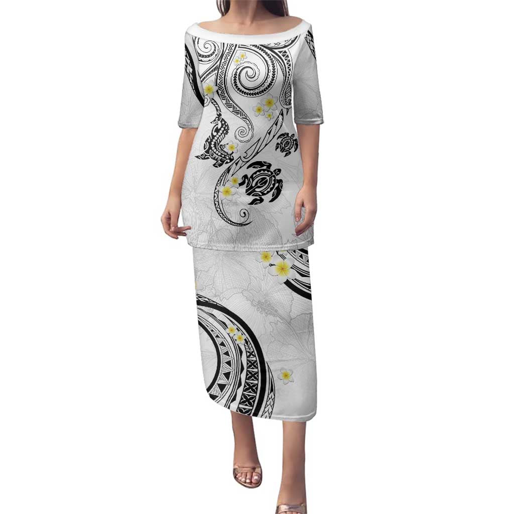 Polynesia Tribal Family Matching Puletasi and Hawaiian Shirt White Plumeria Tentacles