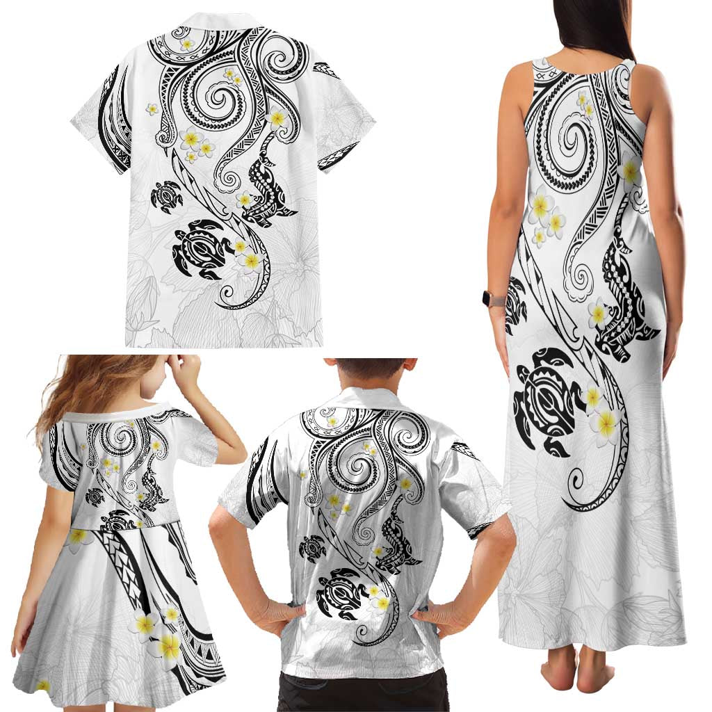 Polynesia Tribal Family Matching Tank Maxi Dress and Hawaiian Shirt White Plumeria Tentacles