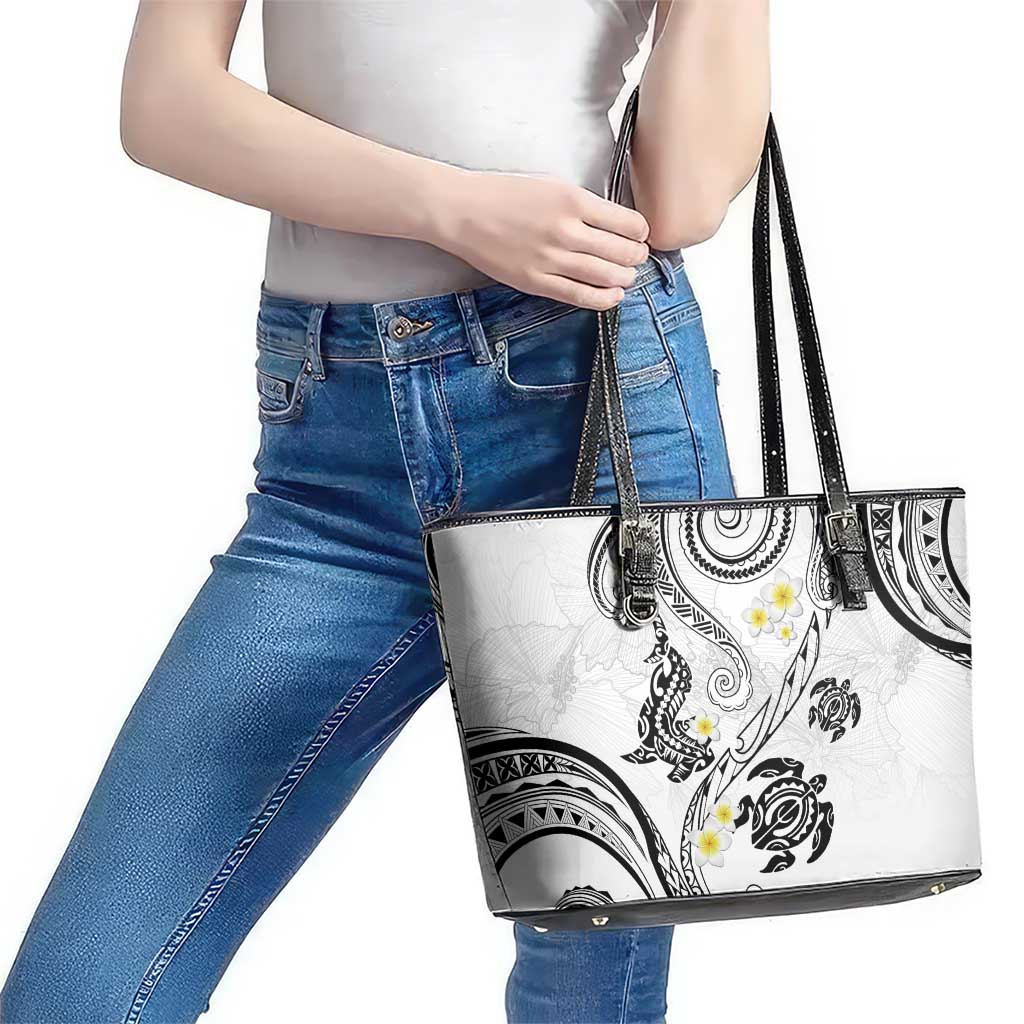 Polynesia Tribal Leather Tote Bag White Plumeria Tentacles