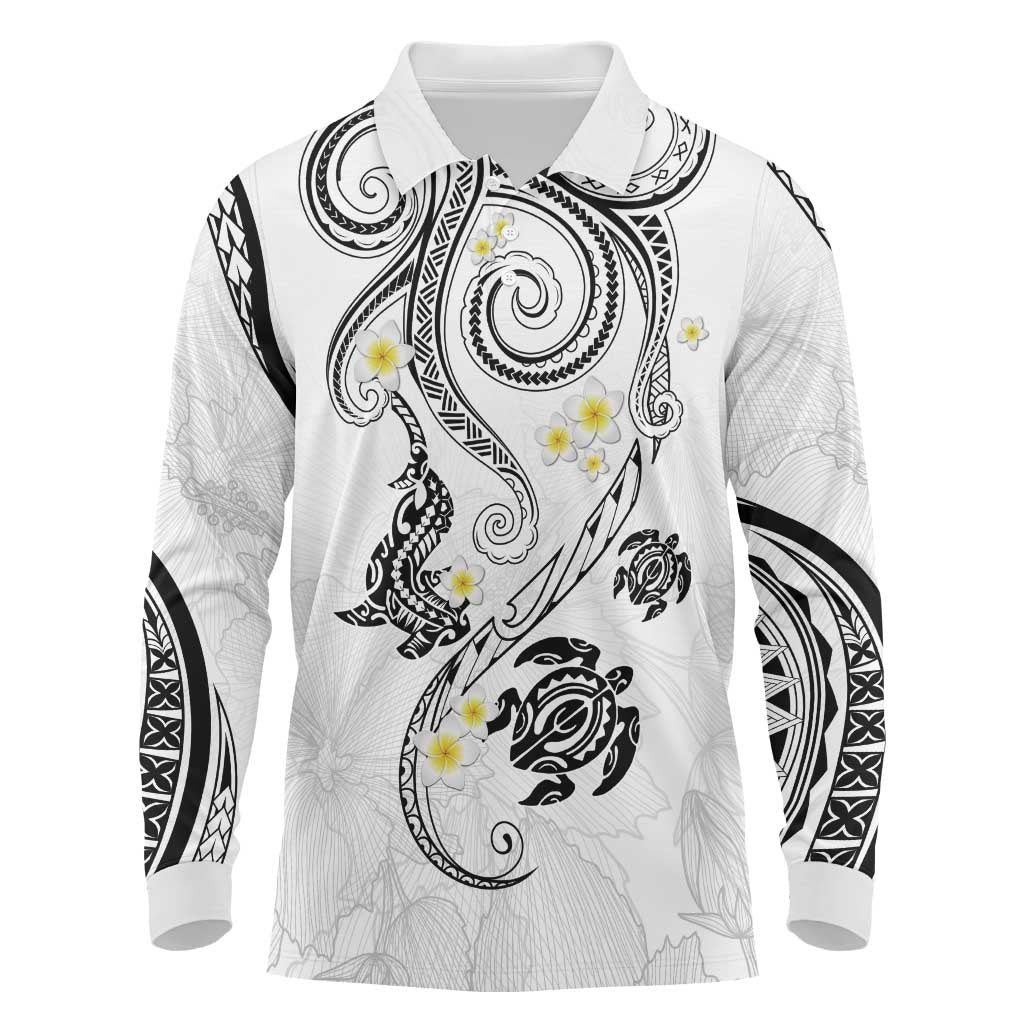Polynesia Tribal Long Sleeve Polo Shirt White Plumeria Tentacles LT7 White - Polynesian Pride