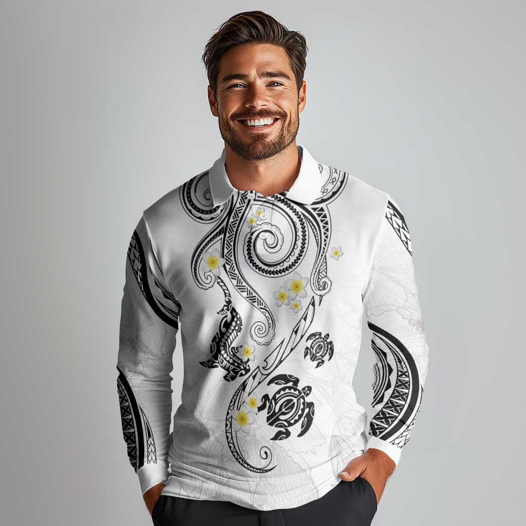 Polynesia Tribal Long Sleeve Polo Shirt White Plumeria Tentacles LT7 - Polynesian Pride