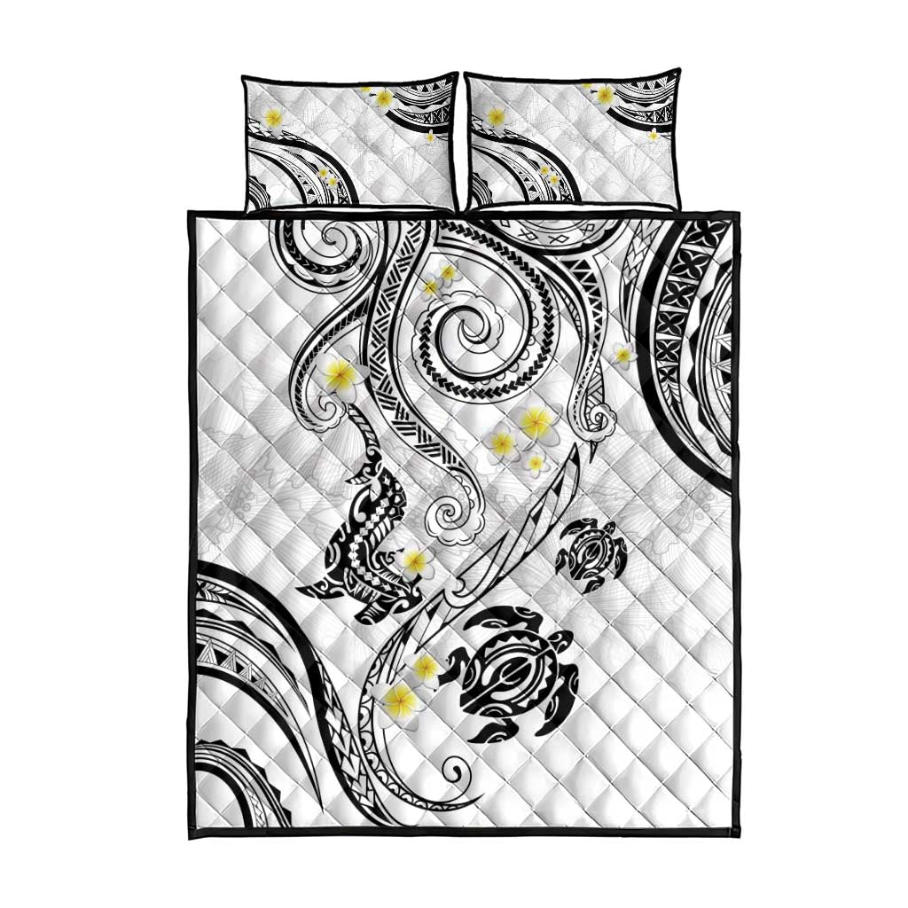 Polynesia Tribal Quilt Bed Set White Plumeria Tentacles