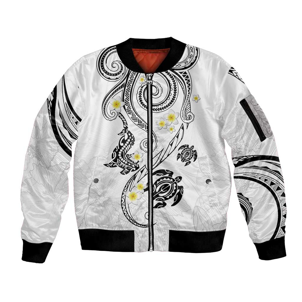 Polynesia Tribal Sleeve Zip Bomber Jacket White Plumeria Tentacles