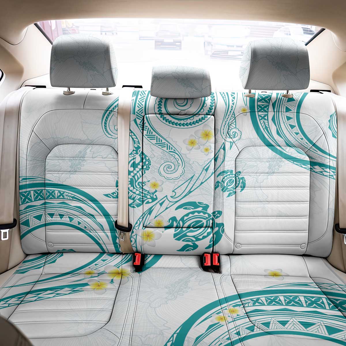 Polynesia Tribal Back Car Seat Cover Teal Plumeria Tentacles