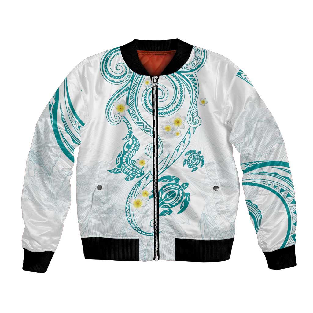Polynesia Tribal Bomber Jacket Teal Plumeria Tentacles