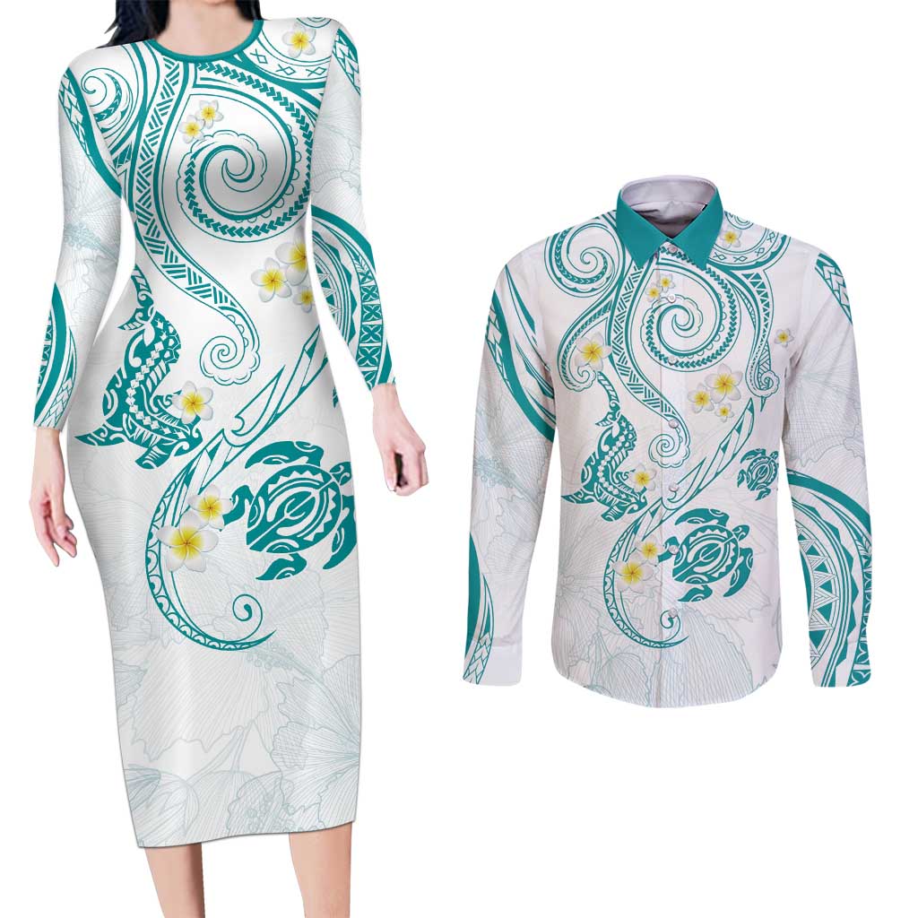 Polynesia Tribal Couples Matching Long Sleeve Bodycon Dress and Long Sleeve Button Shirt Teal Plumeria Tentacles