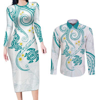 Polynesia Tribal Couples Matching Long Sleeve Bodycon Dress and Long Sleeve Button Shirt Teal Plumeria Tentacles