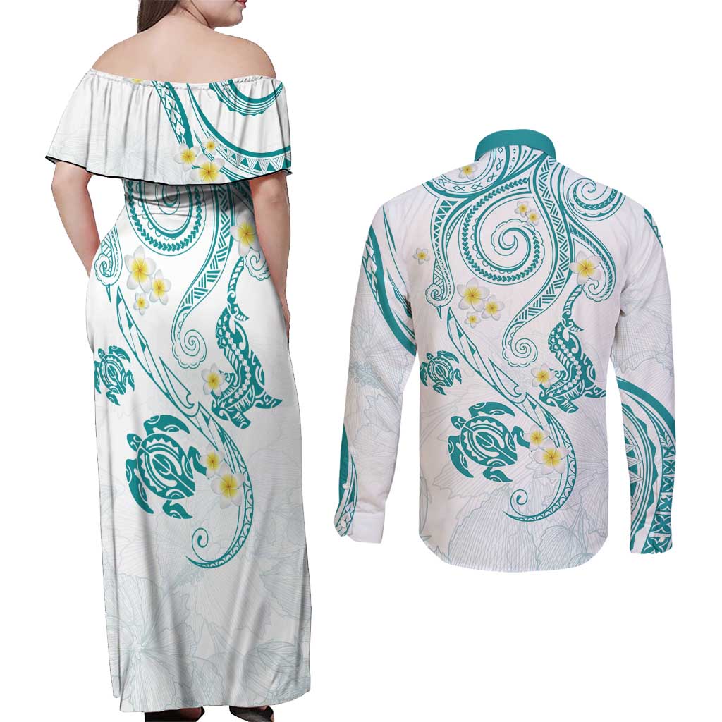 Polynesia Tribal Couples Matching Off Shoulder Maxi Dress and Long Sleeve Button Shirt Teal Plumeria Tentacles LT7 - Polynesian Pride