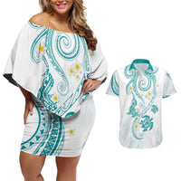 Polynesia Tribal Couples Matching Off Shoulder Short Dress and Hawaiian Shirt Teal Plumeria Tentacles