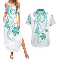 Polynesia Tribal Couples Matching Summer Maxi Dress and Hawaiian Shirt Teal Plumeria Tentacles