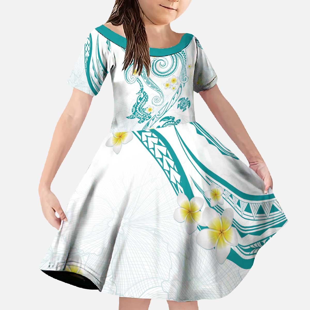 Polynesia Tribal Family Matching Off The Shoulder Long Sleeve Dress and Hawaiian Shirt Teal Plumeria Tentacles