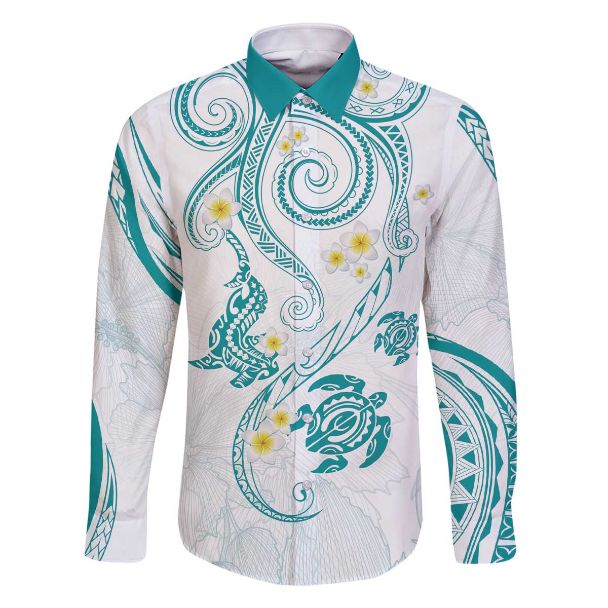 Polynesia Tribal Family Matching Off The Shoulder Long Sleeve Dress and Hawaiian Shirt Teal Plumeria Tentacles