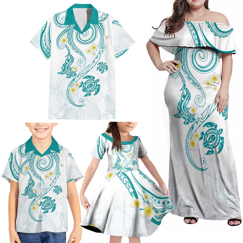 Polynesia Tribal Family Matching Off Shoulder Maxi Dress and Hawaiian Shirt Teal Plumeria Tentacles